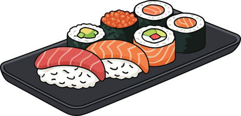 Assorted Sushi on a Black Plate Nigiri Maki and Roe