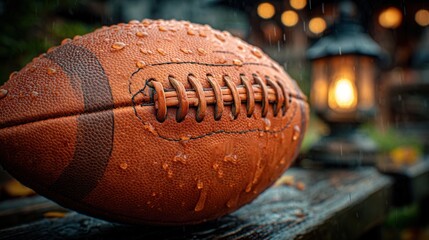 Obraz premium Vintage football glistens in the rain, outdoor lantern glows, creating a nostalgic autumn scene perfect for sports themed designs and fall promotions