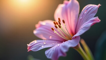 Delicate pink flower, captured in soft focus, displays intricate details and glistening water droplets, enhanced by a warm, golden light and blurred background, creating a tranquil and captivating...
