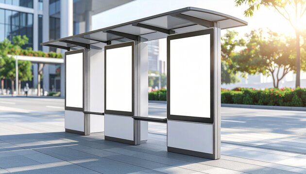 Empty bus stop with blank billboards in a modern city setting during daytime. - Powered by Adobe