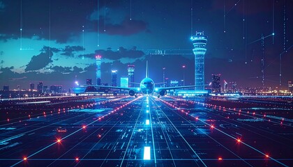 Futuristic Airport with Digital Overlay and Glowing Runways at Night.