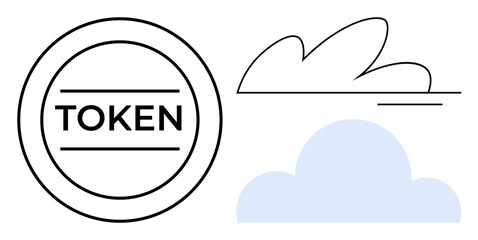 Circular token with bold TOKEN label next to outlined cloud and filled blue cloud. Ideal for blockchain, cloud connection, digital assets, cryptocurrency, storage, fintech, simple flat metaphor