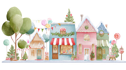 Obraz premium Colorful festive village scene with charming houses decorated for the holiday season, featuring trees, candies, and Christmas ornaments