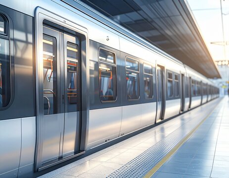 Modern commuter train stopped at a bright station platform with open doors. - Powered by Adobe