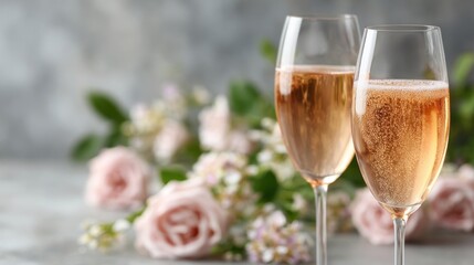 Two champagne glasses filled with pink champagne on a table with flowers