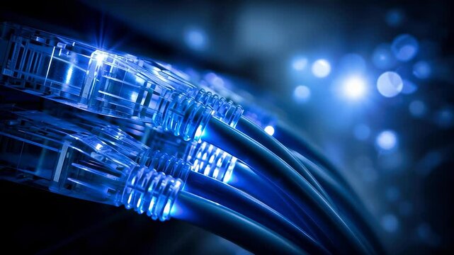A network switch with glowing blue data cables in an internet server room