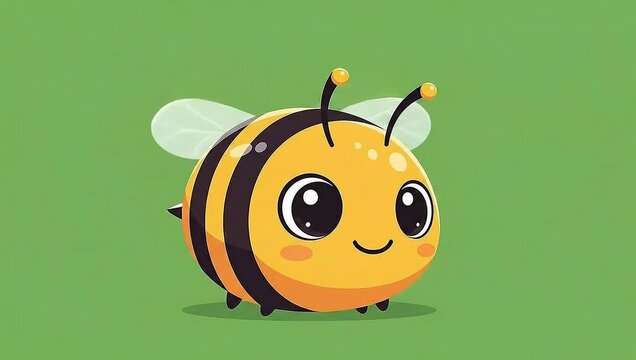 Adorable 2D animated cartoon bee mascot with big eyes smiles, blinks, and flaps wings in seamless loop on green screen.