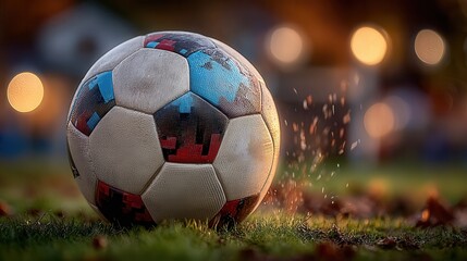 Fototapeta premium Vibrant soccer ball resting on grass, perfect for sports marketing or athletic lifestyle campaigns, capturing the spirit of teamwork and competition