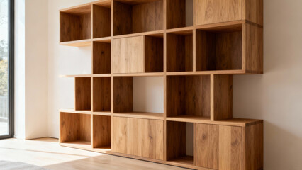 Modular bookshelf system with interchangeable wooden storage units in minimalist interior setting. real-estate listings.