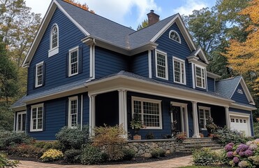 Classic navy-blue suburban home with white trim, stone foundation, detailed windows, elegant porch, landscaped garden, and fall trees in the background, high-quality architectural design, created with