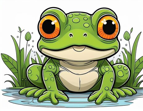 Cute Cartoon Frog Sitting in Water Surrounded by Green Grass with Big Orange Eyes Ready to Leap