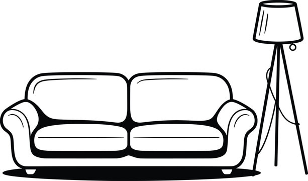Sofa and Floor Lamp Line Art, Modern Living Room Furniture Vector Design.