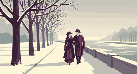 A romantic couple's winter walk in a snowy park by the river, a vintage illustration
