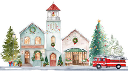 Winter holiday village scene with decorated buildings, Christmas trees, snow, and a fire truck, celebrating festive spirit