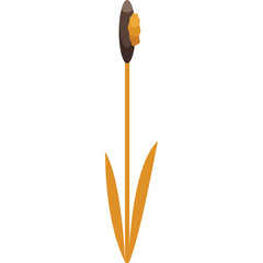 A Simple Abstract Illustration of a Tall Yellow Flower with Brown Tip and Green Leaves on a Transparent Background