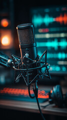 Professional Blue-Lit Condenser Microphone Setup for Recording and Podcasting, Generative AI