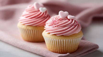 Two pink cupcakes with hearts on top sit on a pink cloth