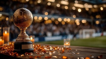 Celebrate your team's victory with this stunning golden soccer trophy, perfect for sports marketing, event promotions, and champion announcements
