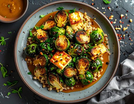 Smażone brukselki z halloumi, kaszą pęczak i sosem klonowo-musztardowym