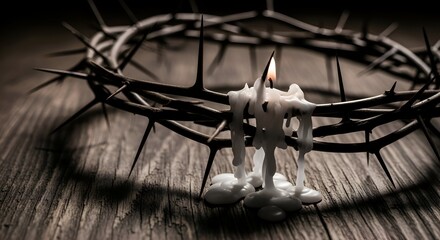 Crown of thorns with melted candle on wood.