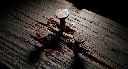 Crucifixion Nails with Blood on Wooden Cross.