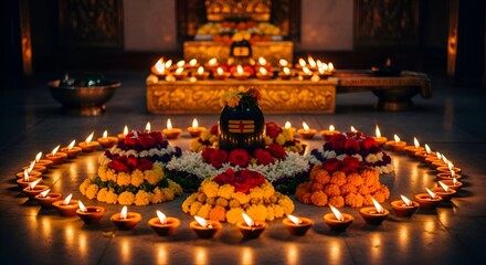 Diwali Celebration with Candles and Flowers.