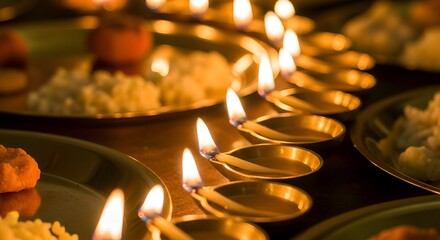 Diwali Celebrations - Lit Diyas and Festive Food.
