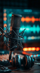 Premium Condenser Microphone in Neon Studio Light with Audio Waveform, Generative AI