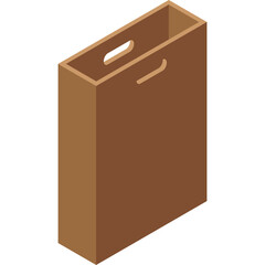 A simple brown paper shopping bag with handles is depicted in a isometric perspective against a transparent background highlighting its plain design and functionality for retail or gifting purposes