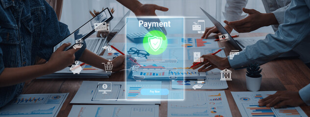 Visual representation of a digital payment system showcasing security measures, human interaction, and detailed financial analytics in a professional environment. Trope