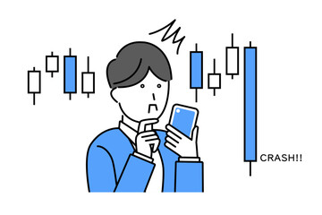 スマホを見て株価が暴落している状況に驚く若い男性