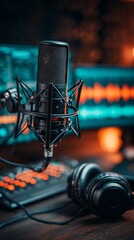 Premium Condenser Microphone and Headphones on a Desk with Moody Orange and Teal Lighting, Generative AI