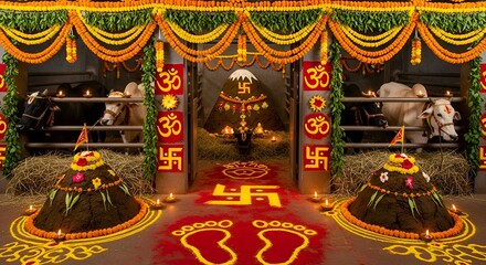 Govardhan Puja Celebration with Cows and Decorations.