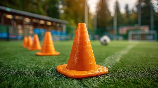 Vibrant orange cones set the stage for a dynamic soccer training session on a sunny day, perfect for sports marketing and youth fitness campaigns.