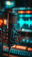 Professional Condenser Microphone in Studio with Cinematic Teal and Orange Lighting, Generative AI