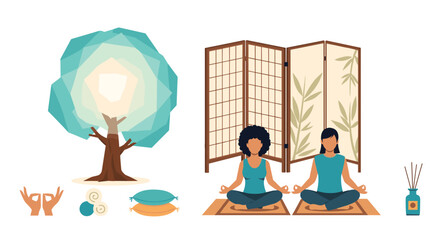 Find inner peace with this stunning illustration of women meditating in a serene studio, perfect for yoga retreats, wellness programs, or promoting mindful living and holistic health practices