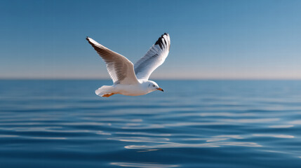Fototapeta premium Nature photo of seagull flying over calmness of blue ocean for editorials with clear sky background