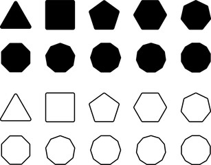 Simple Geometric Polygon Shape Icon Set with sharp and rounded corner, outline and solid style. Vector geometry pentagonal, hexagonal, octagonal polygon. Five, six, seven or eight sided polygon.
