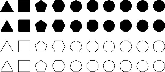 Simple Geometric Polygon Shape Icon Set with sharp and rounded corner, outline and solid style. Vector geometry pentagonal, hexagonal, octagonal polygon. Five, six, seven or eight sided polygon.