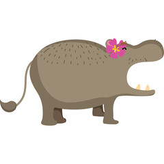 Gray Hippopotamus With Open Mouth Wearing Pink Flower Headband In A Transparent Background And Soft Lighting