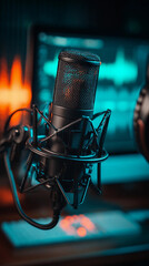 Professional Cyan Lit Condenser Microphone in Recording Studio, Generative AI