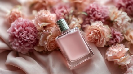 A bottle of perfume is placed on a pink cloth with pink flowers