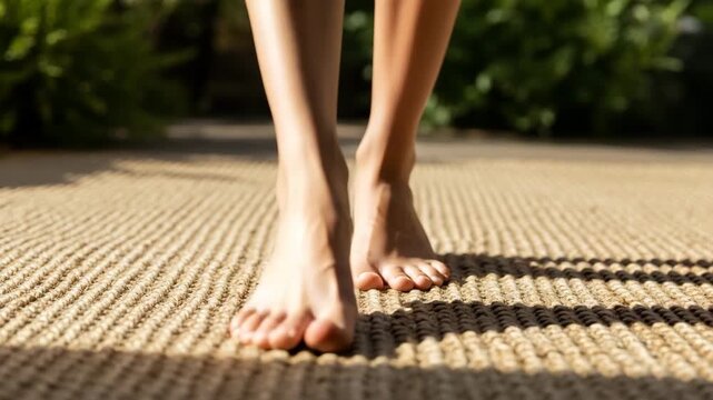 Bare Feet Walking on Textured Surface in Sunlight.