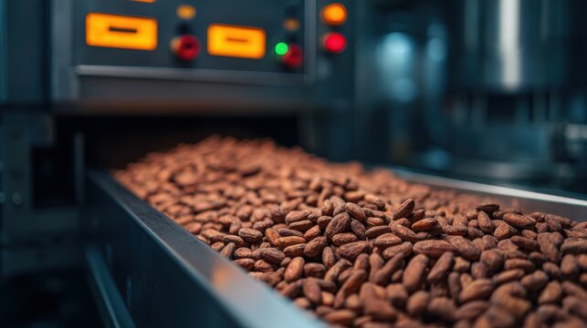 Careful cocoa bean grading and inspection for high quality chocolate production in factory. Machine sorts raw ingredient on conveyor.