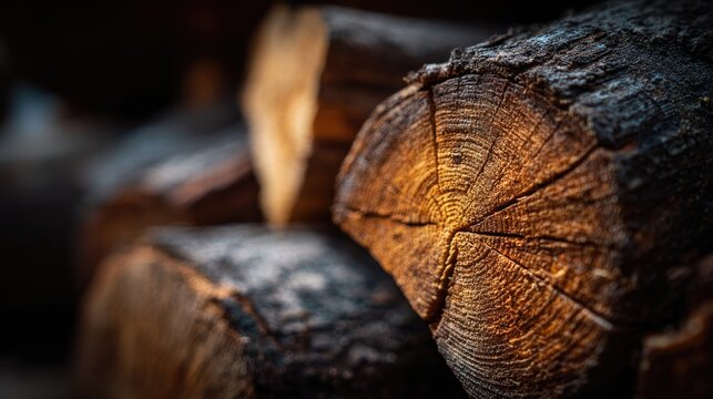 Close-up of stacked firewood logs, highlighting wood grain and texture - Powered by Adobe