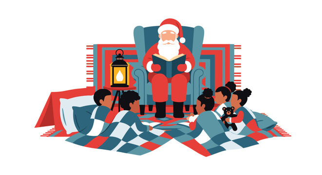 Santa Claus reading a story to children at bedtime, creating a magical Christmas Eve atmosphere with cozy blankets and a warm lantern glow