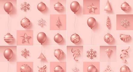 Festive Rose Gold Christmas Ornaments and Snowflakes Pattern Background