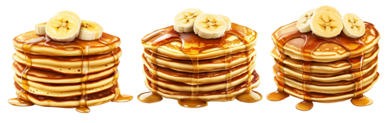 Stack of golden pancakes topped with banana slices and syrup, isolated on white transparent background, concept of delicious breakfast treat