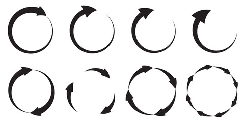 Set of circle arrows rotating on white background. Repeat and reload icons set and arrow rotation circle. Repeat vector. Restart or reset sign. Repeat cycle symbol. Vector illustration.