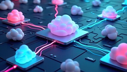A futuristic and modern depiction showcases a digital landscape with glowing cloud-shaped objects connected to digital devices, forming a network of data transmission with various colors,...